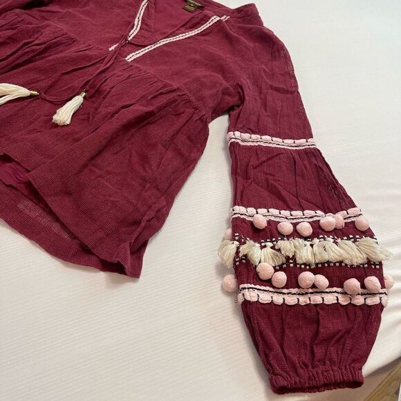 Anthropologie Vineet Bahl Pom Pom Burgundy Tunic Top Size Medium - Picture 5 of 11